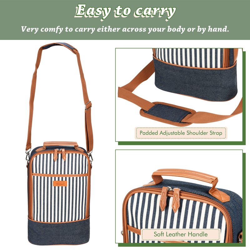 Tirrinia Insulated 2 Bottle Wine Gift Tote Bag - Tumbler Glass Cooler Carrier for BYOB Restaurants  Tasting  Travel  Park  Beach - Great Wine Lover Gift  Denim Stripe - Image 3